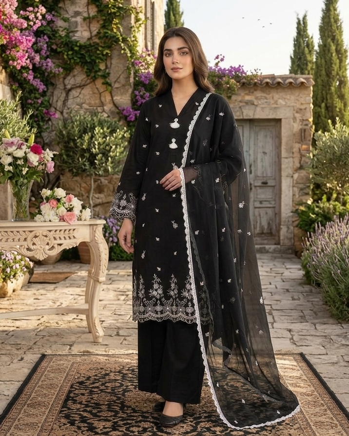 Embroidered 3pc dress - 6258